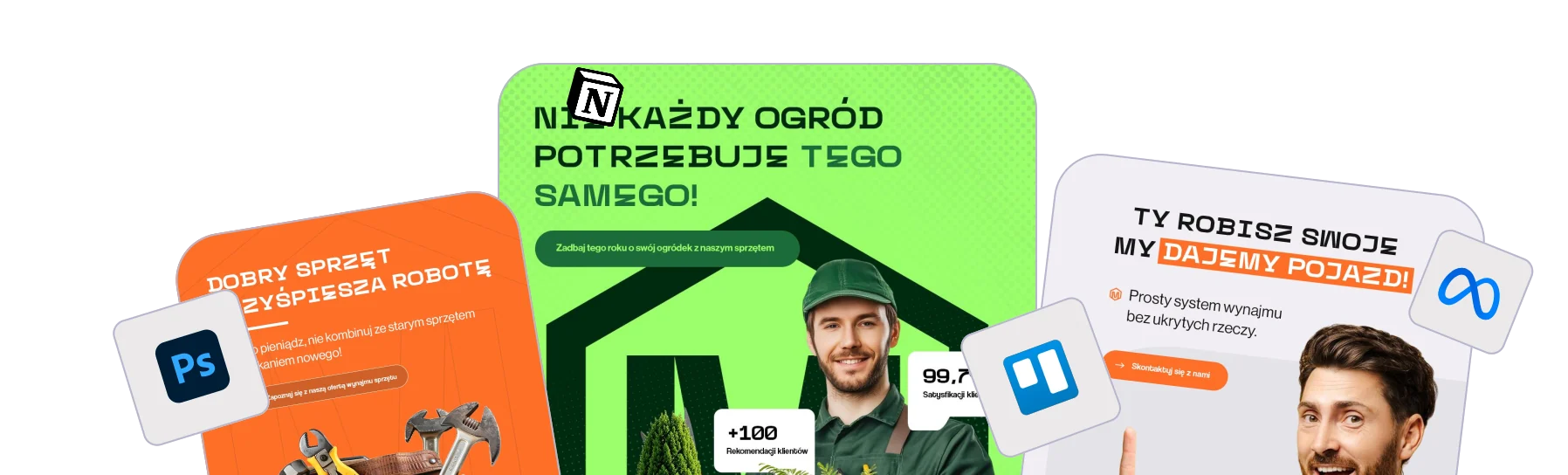 Example posts with Photoshop, Notion, Trello and Meta logos
