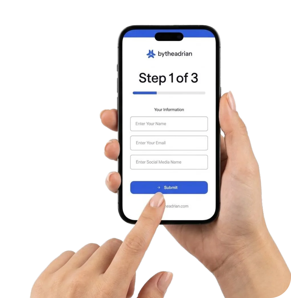 Hand holding a phone with the onboarding form
