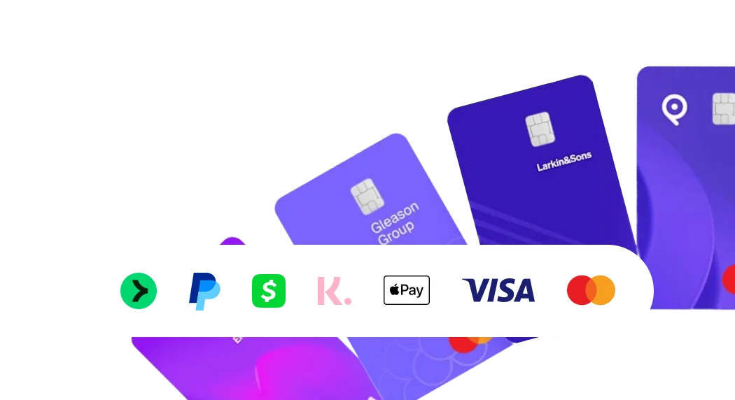 Payment cards and payment methods: PayPal, Cash App, Klarna, Apple Pay, Visa, Mastercard